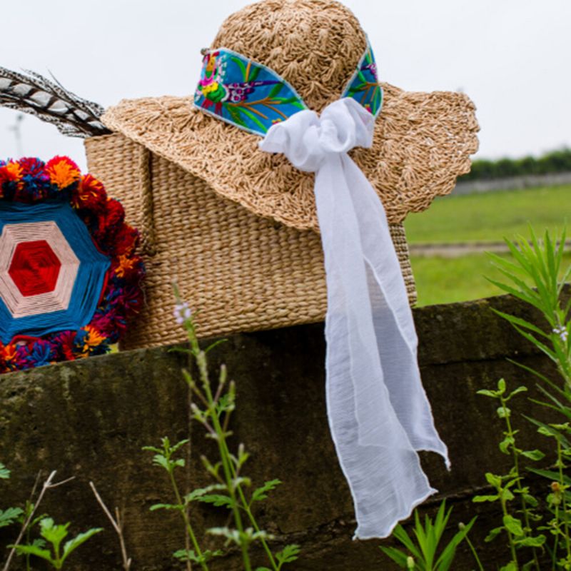 Chapeau De Paille Imprimé Brodé Pour Femme Avec Écharpe