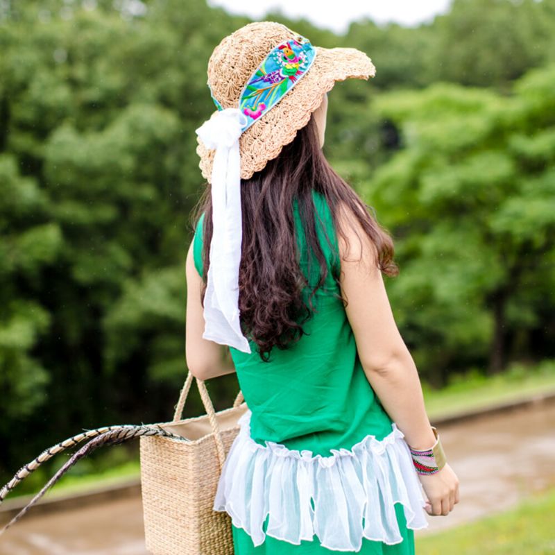 Chapeau De Paille Imprimé Brodé Pour Femme Avec Écharpe