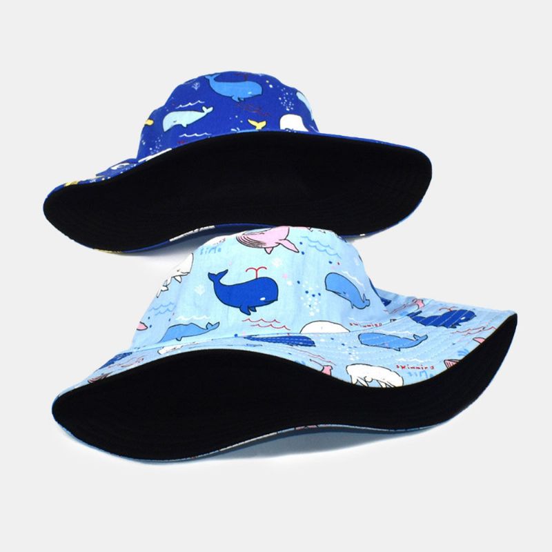 Chapeau De Seau Réversible À Motif De Baleine De Dessin Animé Unisexe Double Face-wear Outdoor Sunshade Beach Hat