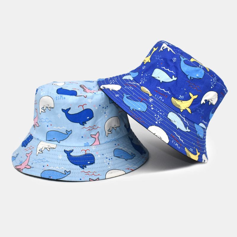 Chapeau De Seau Réversible À Motif De Baleine De Dessin Animé Unisexe Double Face-wear Outdoor Sunshade Beach Hat