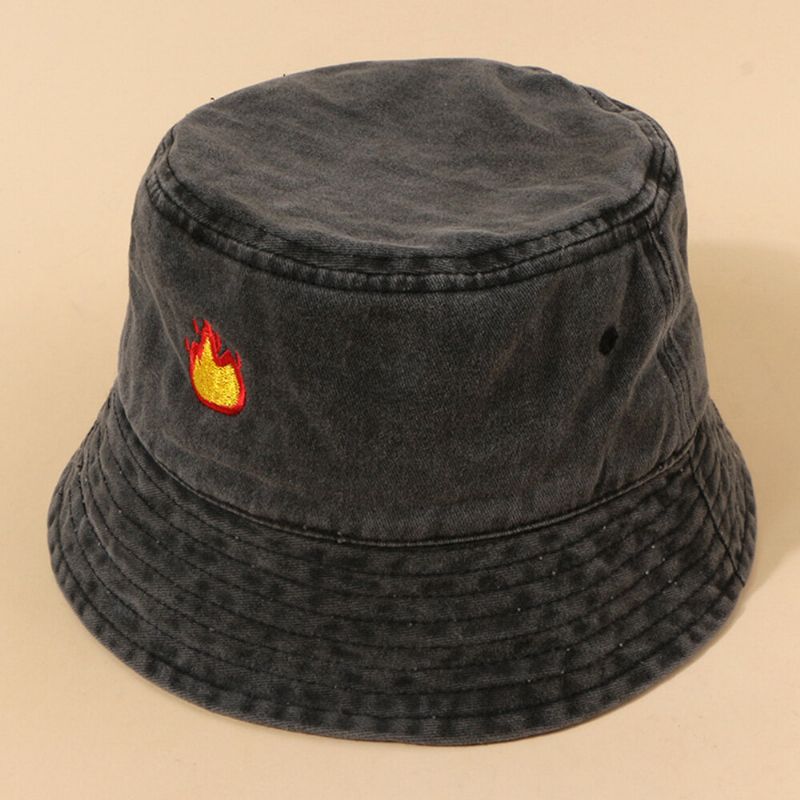 Chapeau Seau Unisexe En Coton Lavé Avec Motif De Flamme Brodé À La Mode