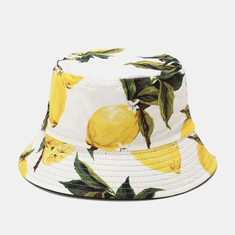 Chapeau Seau Unisexe En Coton À Motif Feuille De Citron Imprimé Double Face Portable