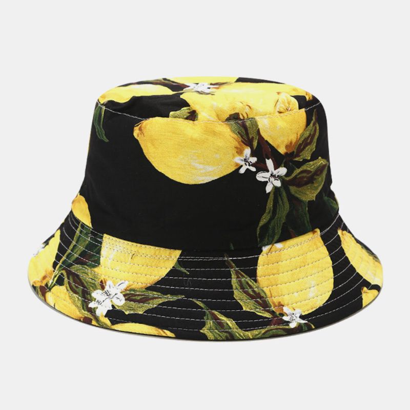 Chapeau Seau Unisexe En Coton À Motif Feuille De Citron Imprimé Double Face Portable