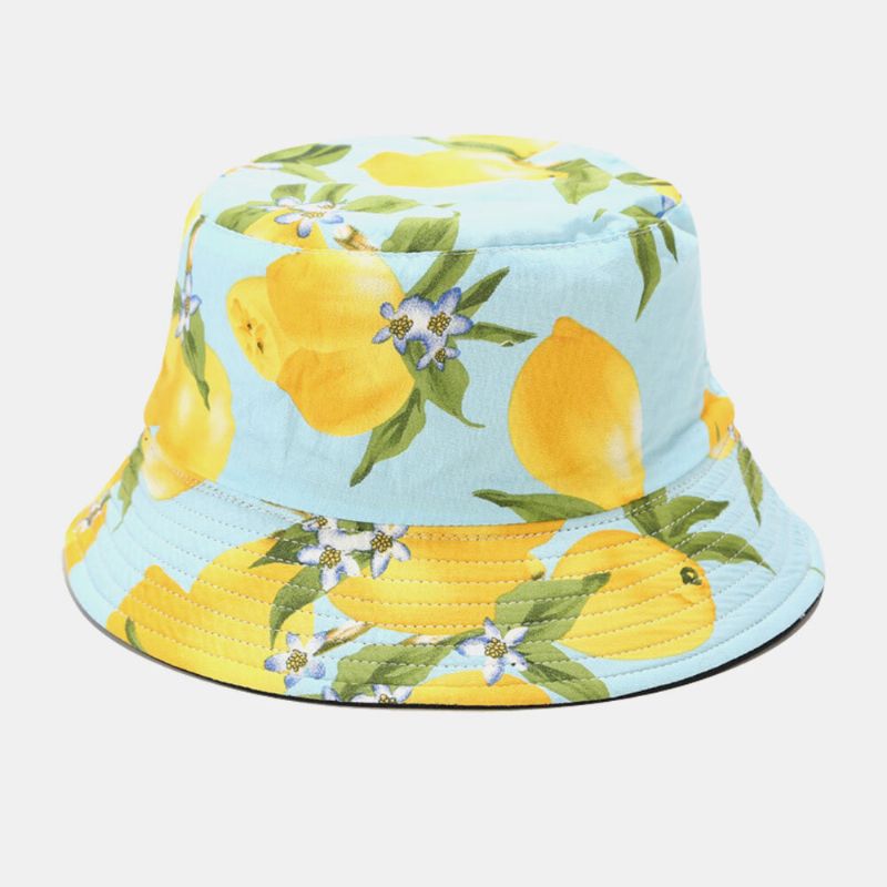 Chapeau Seau Unisexe En Coton À Motif Feuille De Citron Imprimé Double Face Portable