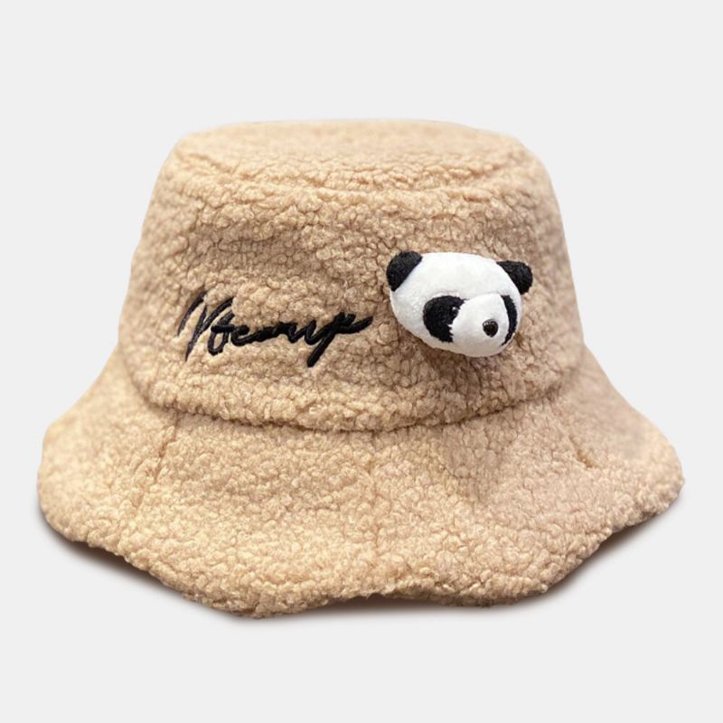 Chapeau Seau Unisexe Lettre En Peluche Broderie Panda Poupée Décorée All-match Chaleur Chapeau Seau