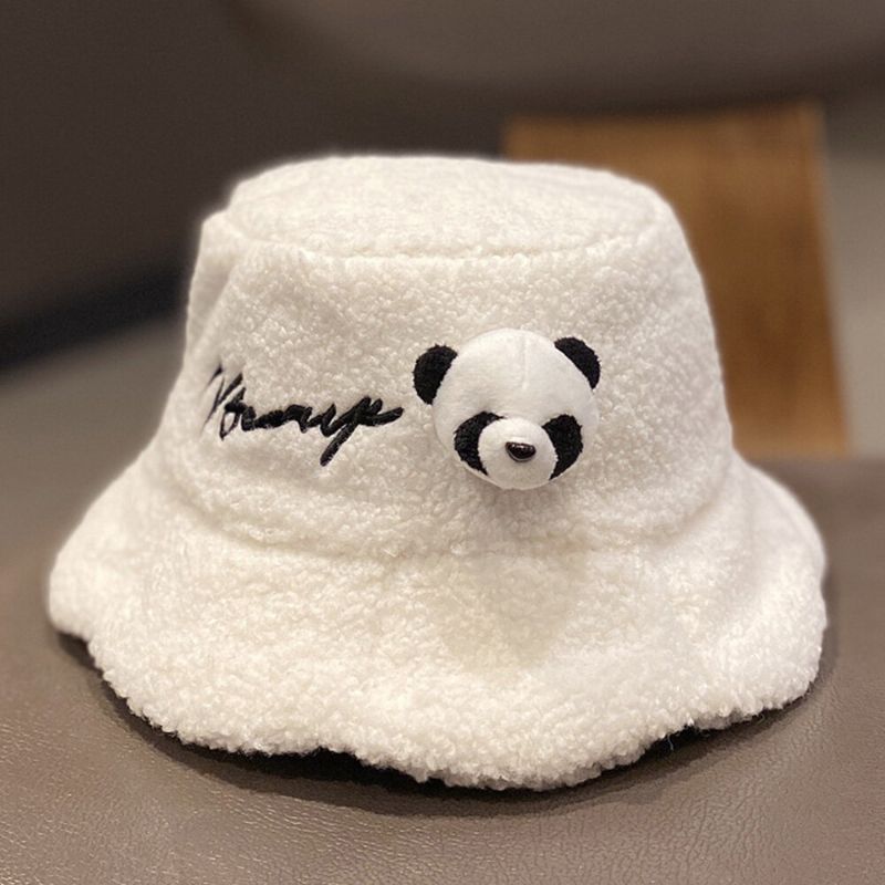 Chapeau Seau Unisexe Lettre En Peluche Broderie Panda Poupée Décorée All-match Chaleur Chapeau Seau