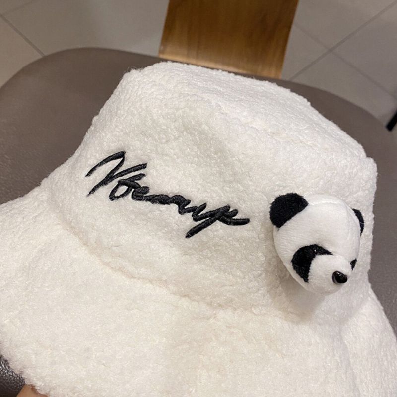 Chapeau Seau Unisexe Lettre En Peluche Broderie Panda Poupée Décorée All-match Chaleur Chapeau Seau