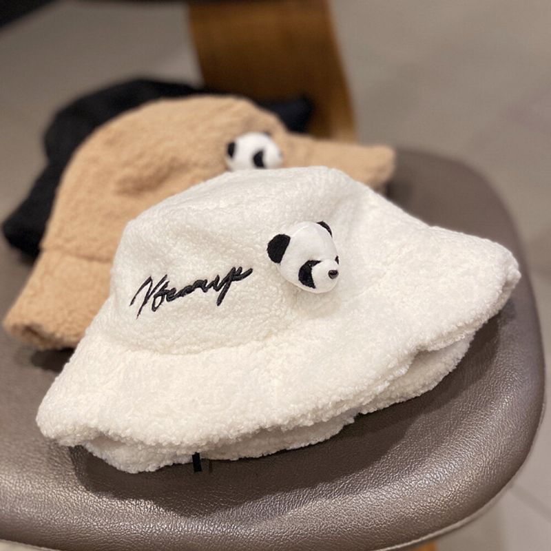 Chapeau Seau Unisexe Lettre En Peluche Broderie Panda Poupée Décorée All-match Chaleur Chapeau Seau