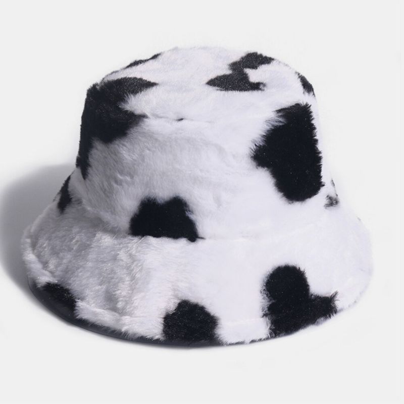 Chapeau De Seau Unisexe En Poil De Lapin Chaud Avec Motif De Vache En Peluche Pour L'extérieur