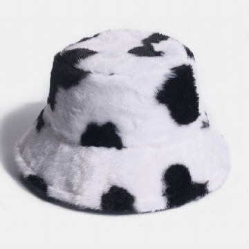 Chapeau De Seau Unisexe En Poil De Lapin Chaud Avec Motif De Vache En Peluche Pour L'extérieur