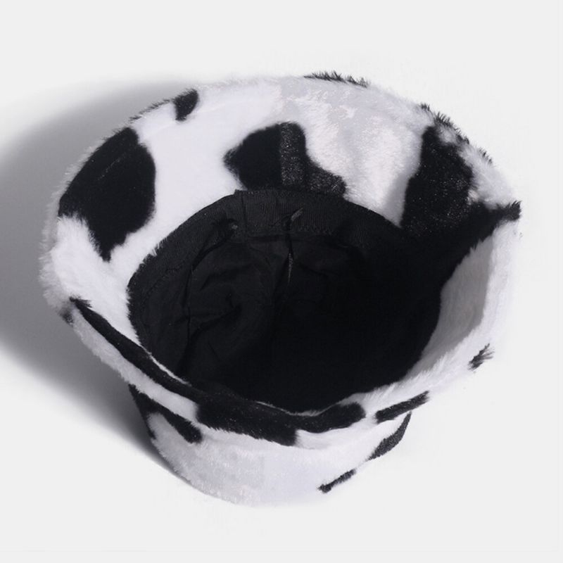 Chapeau De Seau Unisexe En Poil De Lapin Chaud Avec Motif De Vache En Peluche Pour L'extérieur