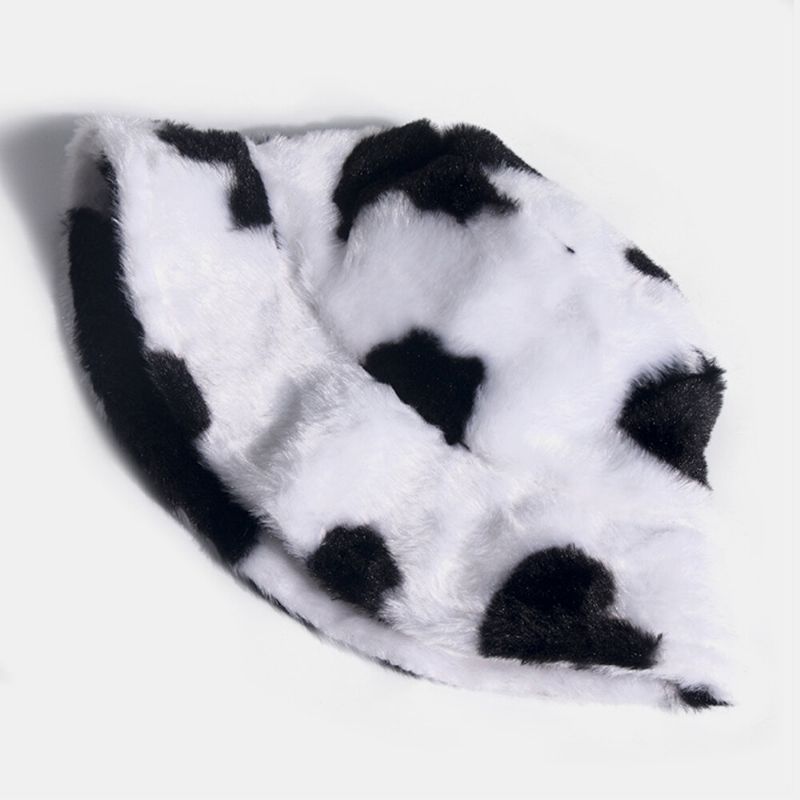 Chapeau De Seau Unisexe En Poil De Lapin Chaud Avec Motif De Vache En Peluche Pour L'extérieur