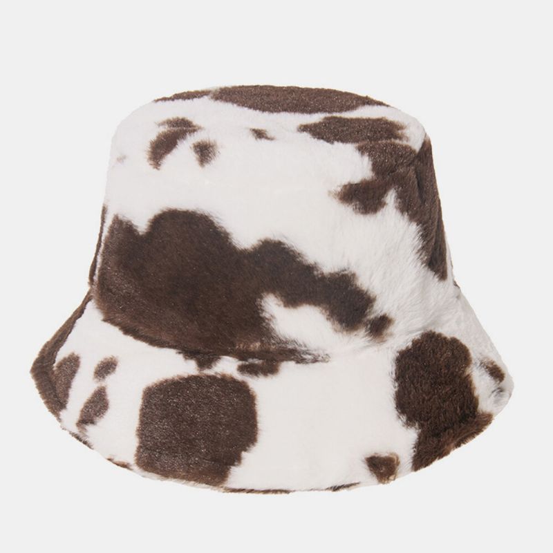 Chapeau De Seau Unisexe En Poil De Lapin Chaud Avec Motif De Vache En Peluche Pour L'extérieur