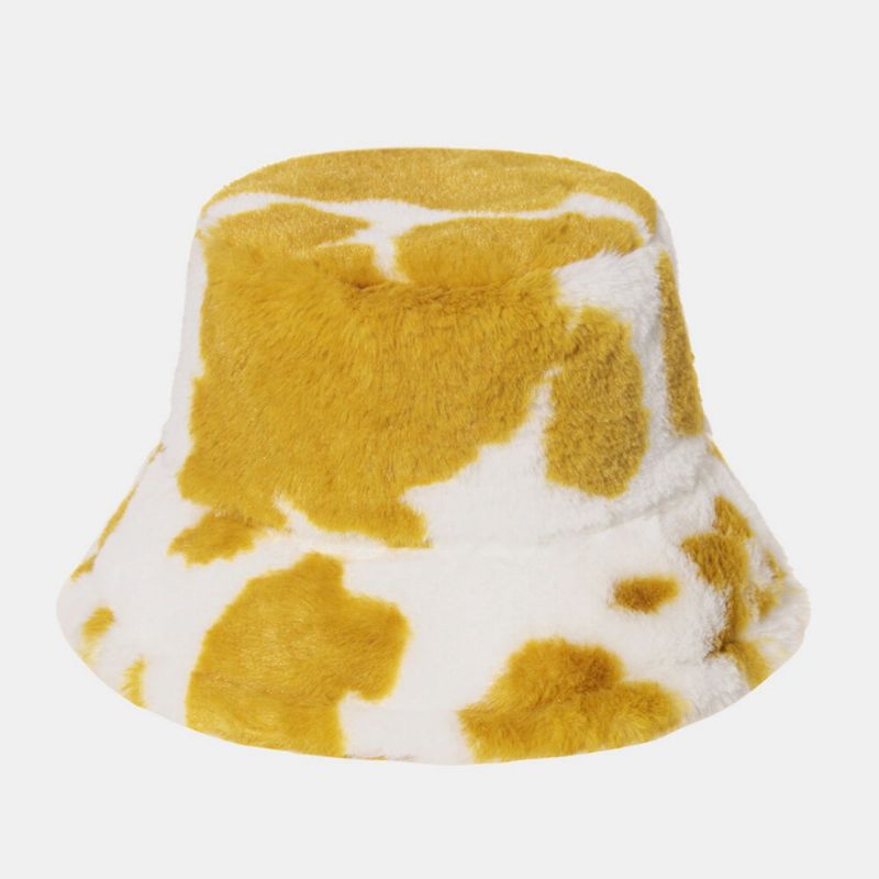 Chapeau De Seau Unisexe En Poil De Lapin Chaud Avec Motif De Vache En Peluche Pour L'extérieur