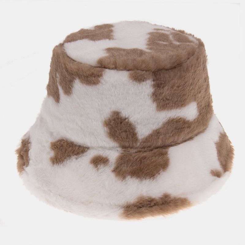 Chapeau De Seau Unisexe En Poil De Lapin Chaud Avec Motif De Vache En Peluche Pour L'extérieur