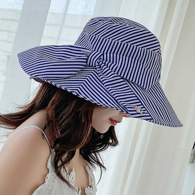 Chapeau De Soleil De Plage À Rayures En Coton À Large Bord Pour Femmes Casquette Anti-uv Pliable Polyvalente Élégante Pour Dame