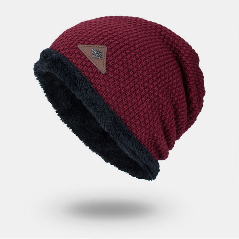 Chapeau Tricoté Pour Hommes Plus Velours Épaissi Métal Flocon De Neige Étiquette En Cuir Chaleur Sans Bord Bonnet Chapeau