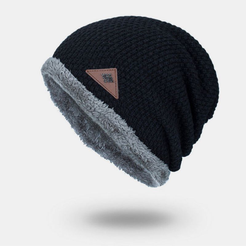 Chapeau Tricoté Pour Hommes Plus Velours Épaissi Métal Flocon De Neige Étiquette En Cuir Chaleur Sans Bord Bonnet Chapeau