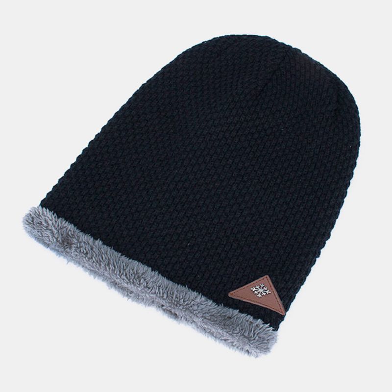 Chapeau Tricoté Pour Hommes Plus Velours Épaissi Métal Flocon De Neige Étiquette En Cuir Chaleur Sans Bord Bonnet Chapeau