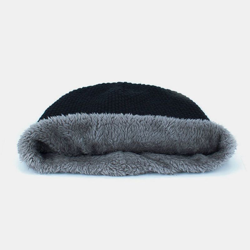 Chapeau Tricoté Pour Hommes Plus Velours Épaissi Métal Flocon De Neige Étiquette En Cuir Chaleur Sans Bord Bonnet Chapeau