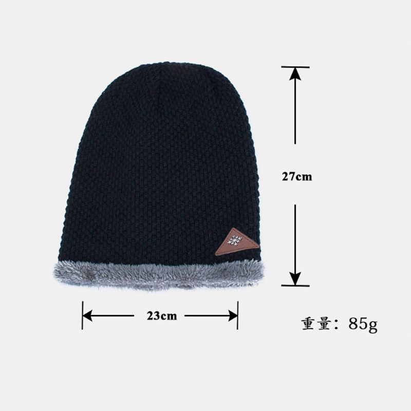 Chapeau Tricoté Pour Hommes Plus Velours Épaissi Métal Flocon De Neige Étiquette En Cuir Chaleur Sans Bord Bonnet Chapeau