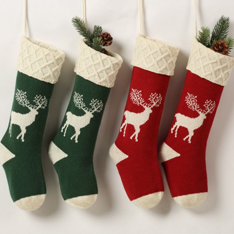 Chaussettes De Noël Tricotées Unisexes Sac Cadeau Ornements Décorations Pour La Maison Chaussettes Chaudes À Motif Elk