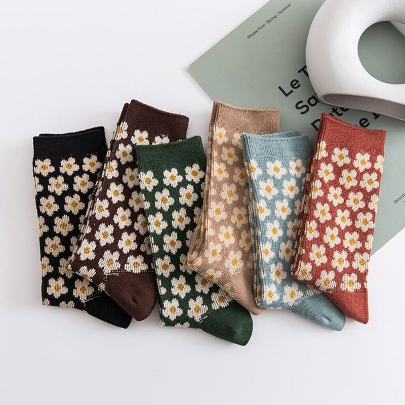 Chaussettes Tube Décontractées Chaudes À Motif Floral Rétro En Coton De Style Britannique Pour Femmes