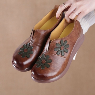 Chaussures Compensées Confortables Et Confortables En Cuir Véritable Ornées De Fleurs Rétro Pour Femmes