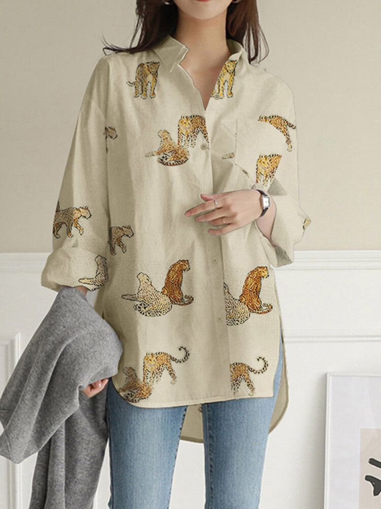 Chemise Ample À Revers Avec Poche Boutonnée À Imprimé Animal