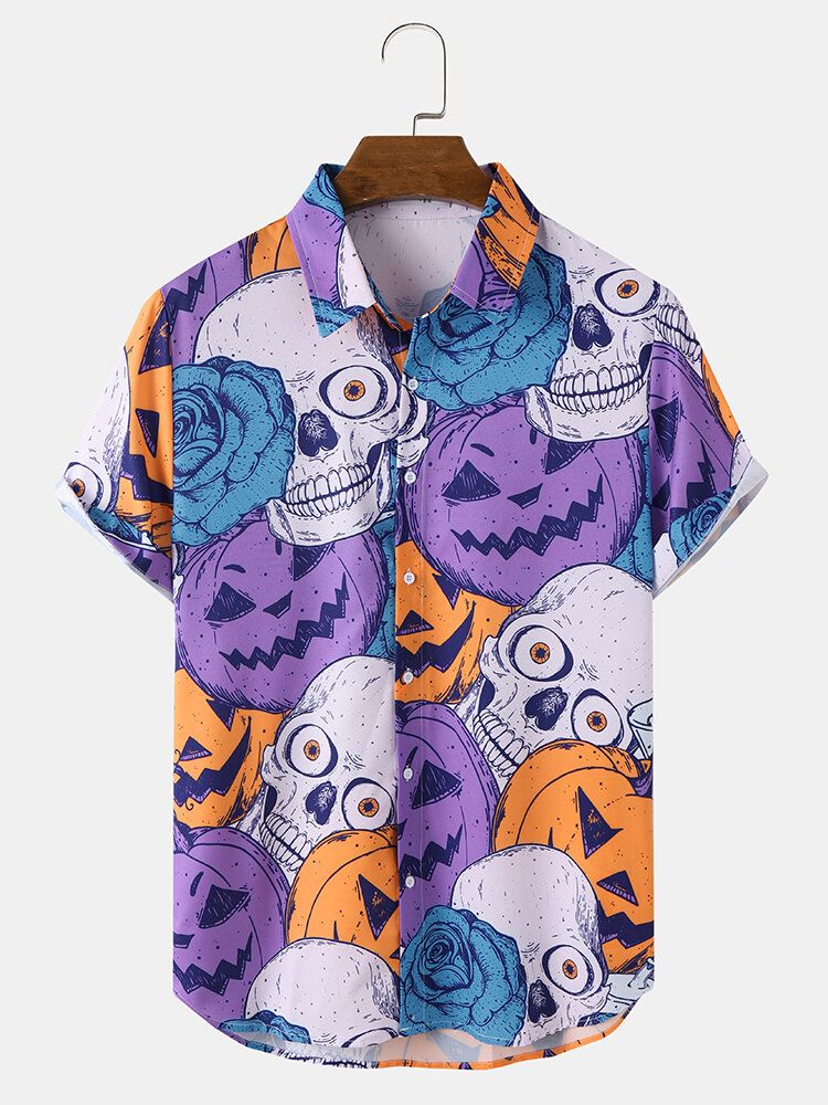 Chemise Bleue Halloween À Col Revers Motif Tête Et Fleur Pour Hommes