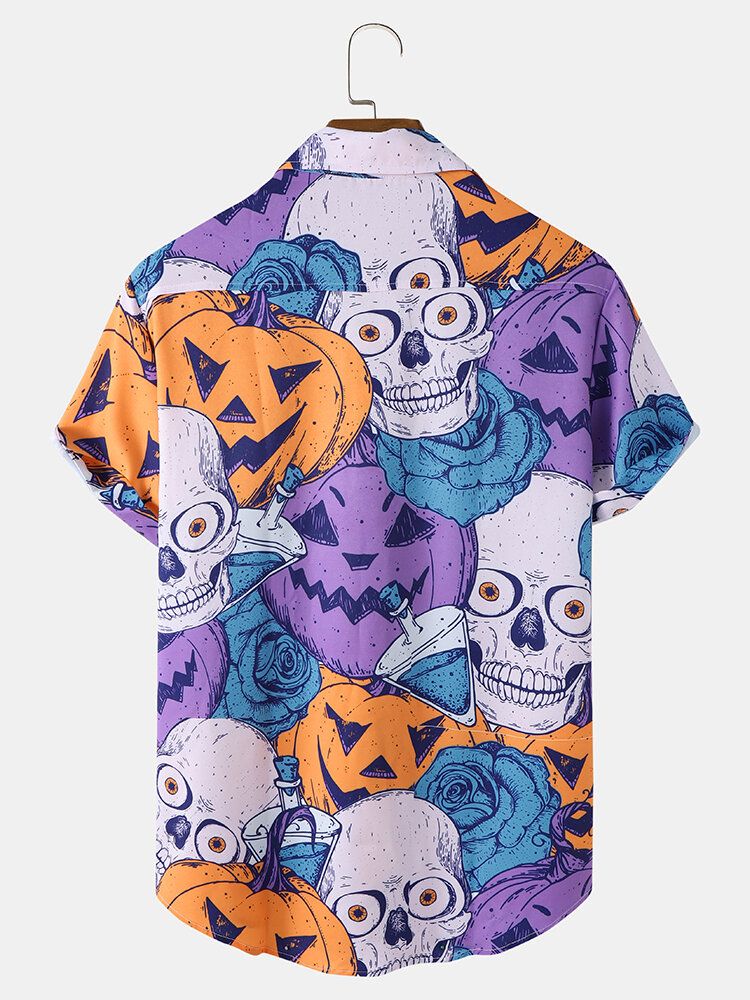 Chemise Bleue Halloween À Col Revers Motif Tête Et Fleur Pour Hommes