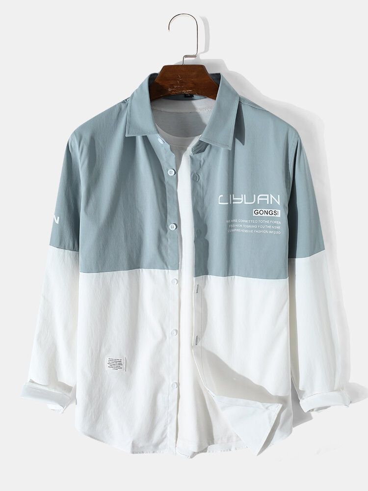 Chemise De Bloc De Couleur Épissée De Bouton De Lettre Artsy Quotidienne Pour Hommes