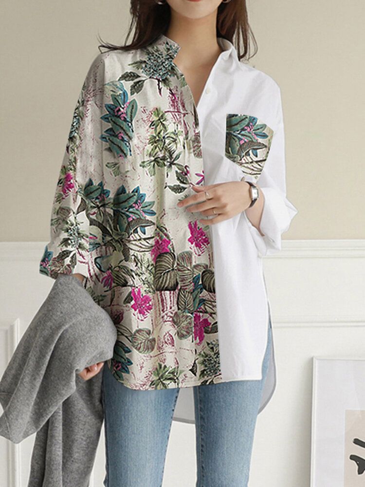 Chemise Boutonnée À Manches Longues Avec Poche À Fleurs Et Plantes