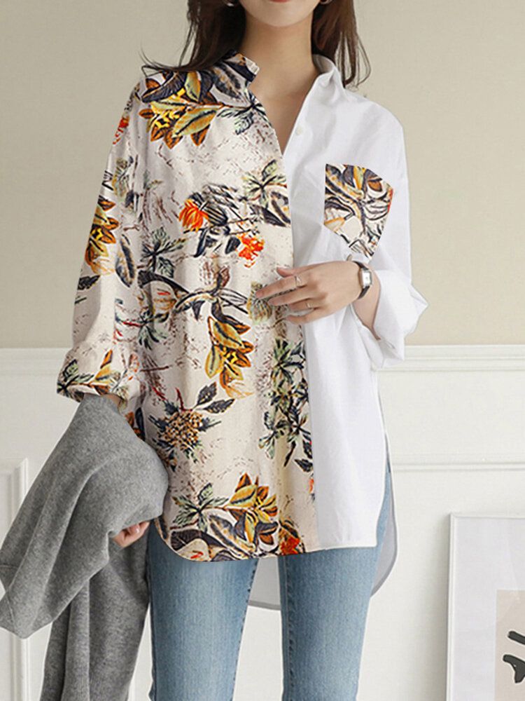 Chemise Boutonnée À Manches Longues Avec Poche À Fleurs Et Plantes