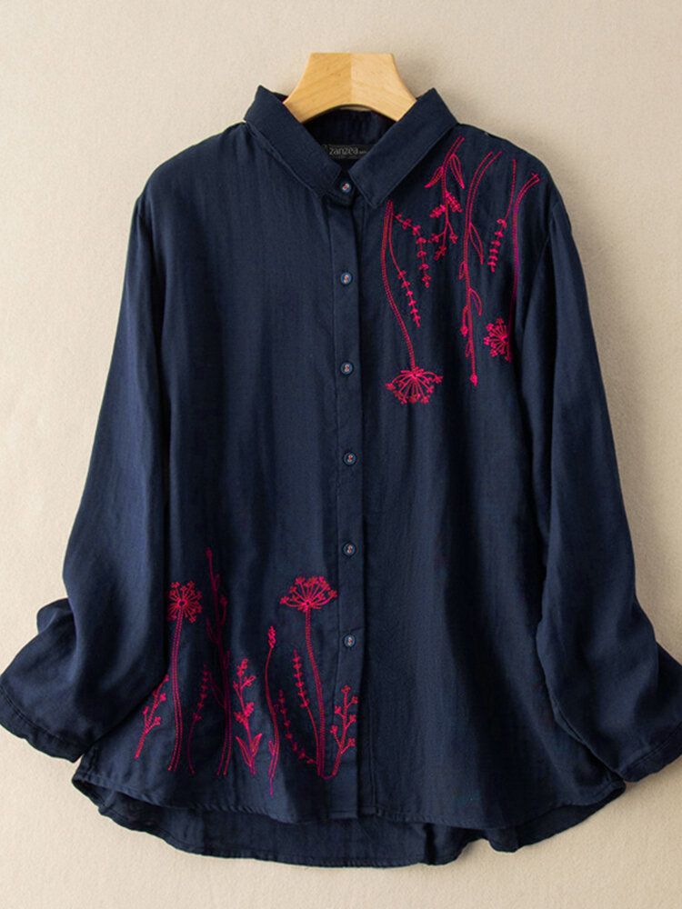 Chemise À Col Montant Avec Boutons De Broderie Et Fleurs À Manches Bouffantes Pour Femmes