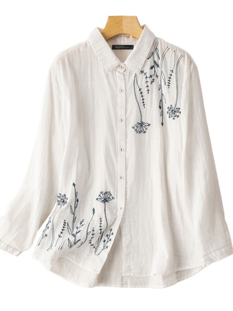 Chemise À Col Montant Avec Boutons De Broderie Et Fleurs À Manches Bouffantes Pour Femmes