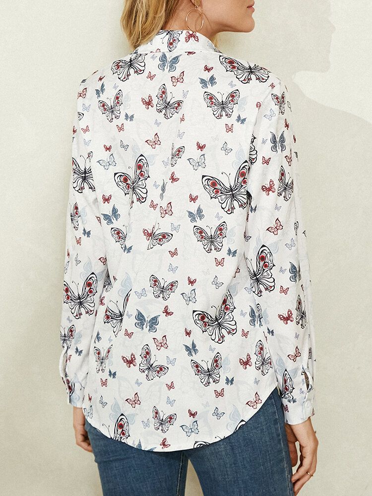 Chemise Décontractée Blanche Boutonnée À Imprimé Papillon Pour Femme