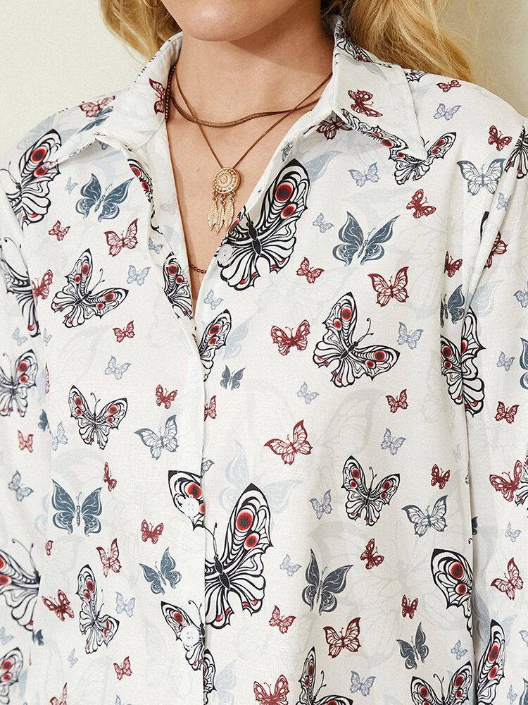 Chemise Décontractée Blanche Boutonnée À Imprimé Papillon Pour Femme