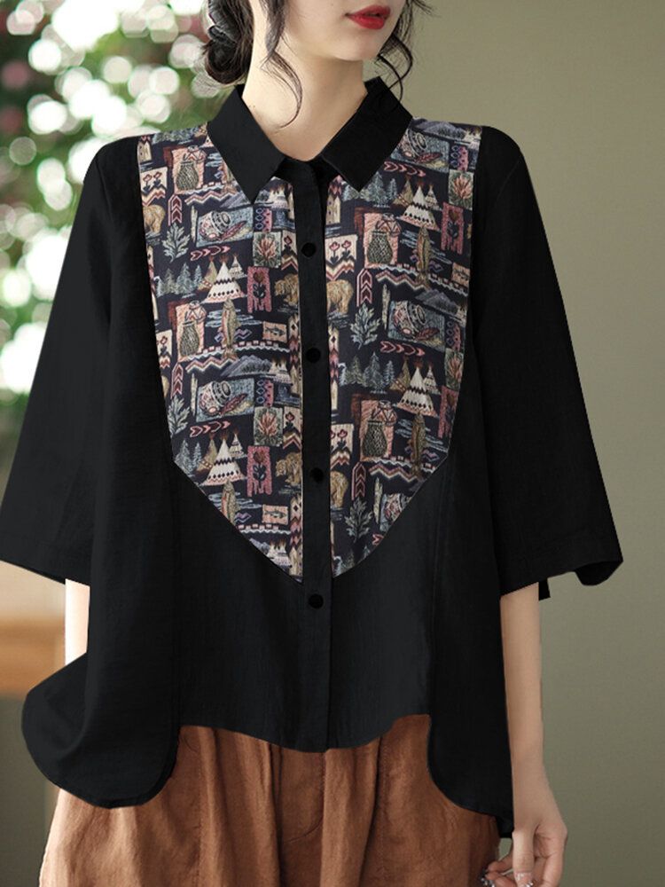 Chemise Décontractée Boutonnée À Imprimé Patchwork Et Revers Froncé