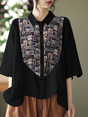 Chemise Décontractée Boutonnée À Imprimé Patchwork Et Revers Froncé