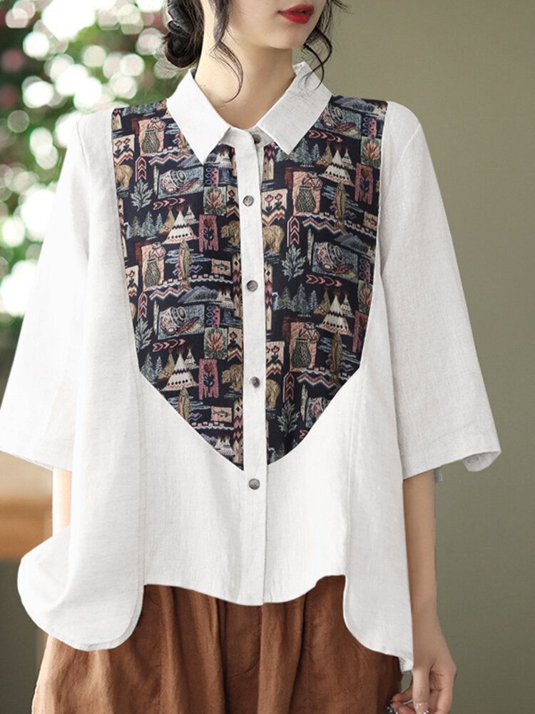 Chemise Décontractée Boutonnée À Imprimé Patchwork Et Revers Froncé