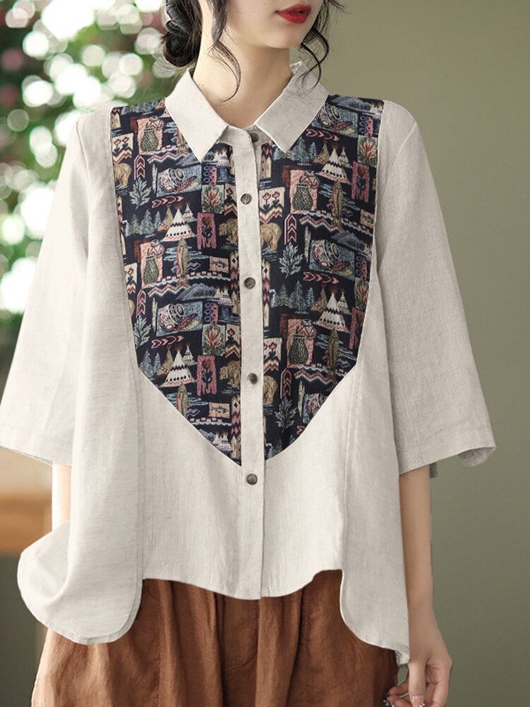 Chemise Décontractée Boutonnée À Imprimé Patchwork Et Revers Froncé