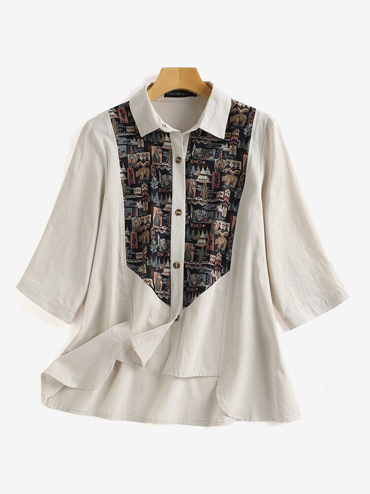 Chemise Décontractée Boutonnée À Imprimé Patchwork Et Revers Froncé