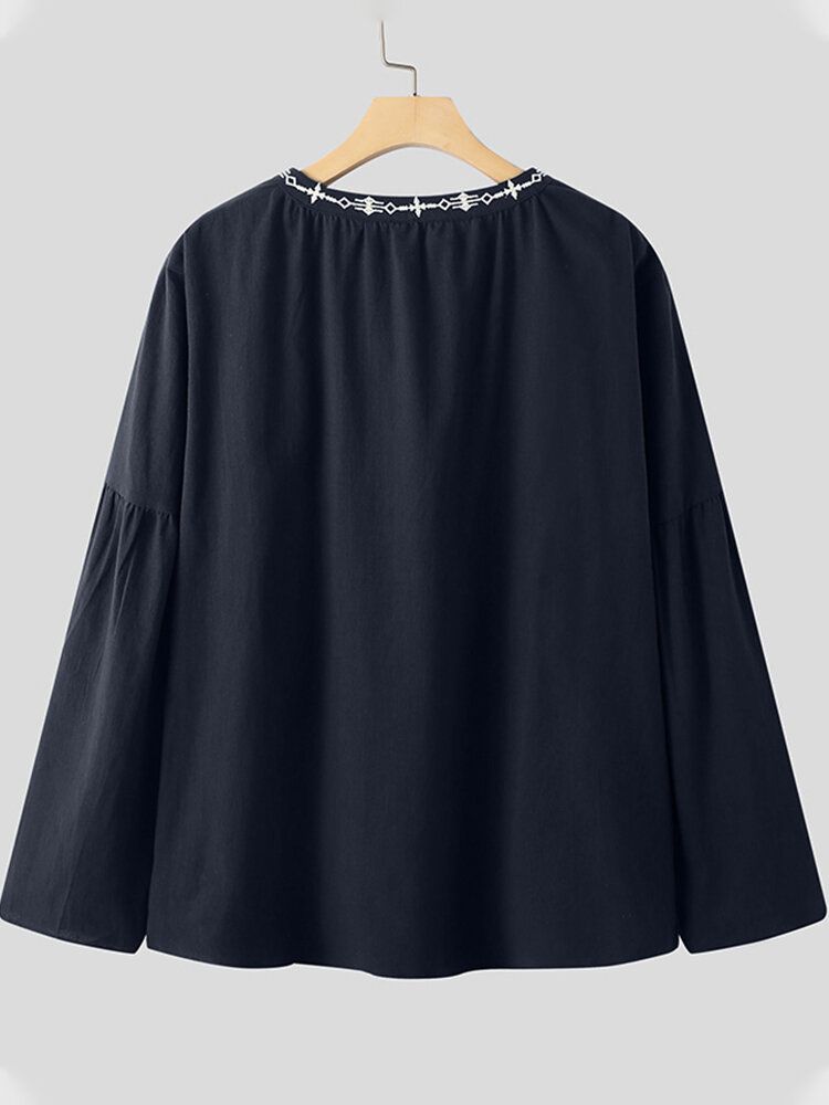 Chemise Décontractée Épissée Géométrique Solide En Pur Coton Pour Femme