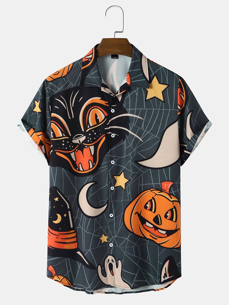 Chemise Décontractée À Manches Courtes Pour Homme Avec Citrouille D'halloween Et Chat