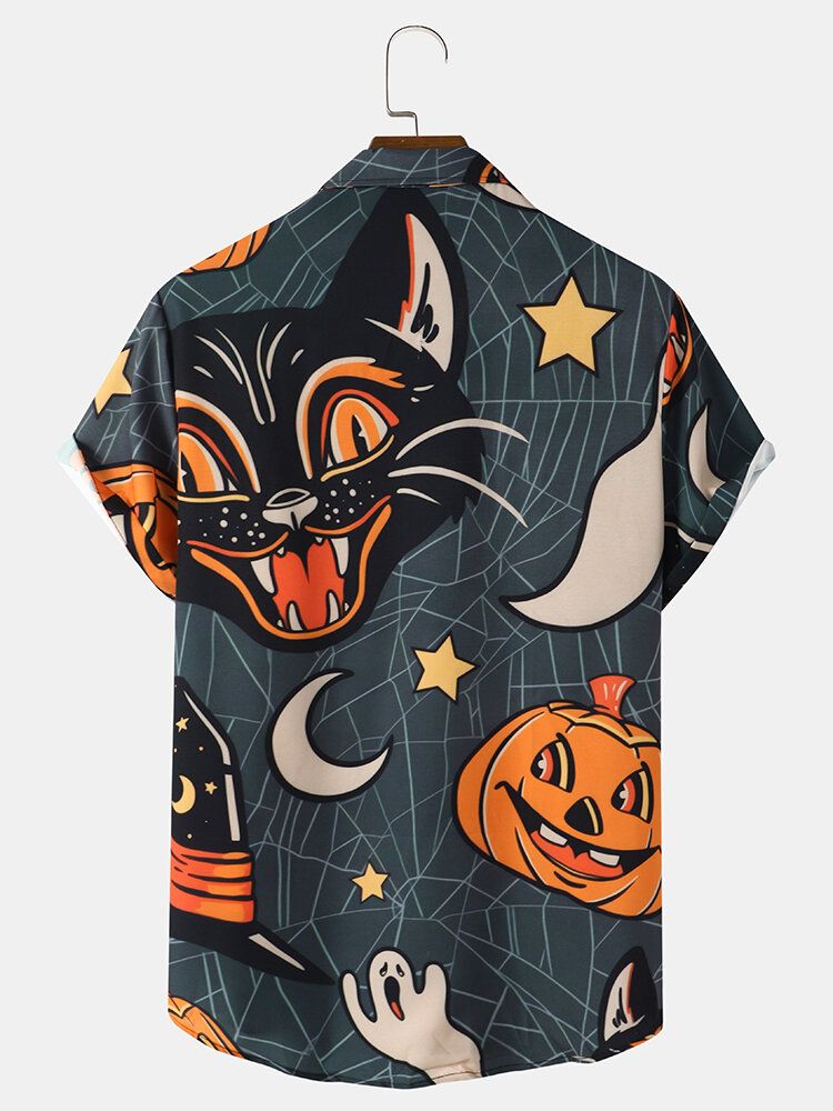 Chemise Décontractée À Manches Courtes Pour Homme Avec Citrouille D'halloween Et Chat