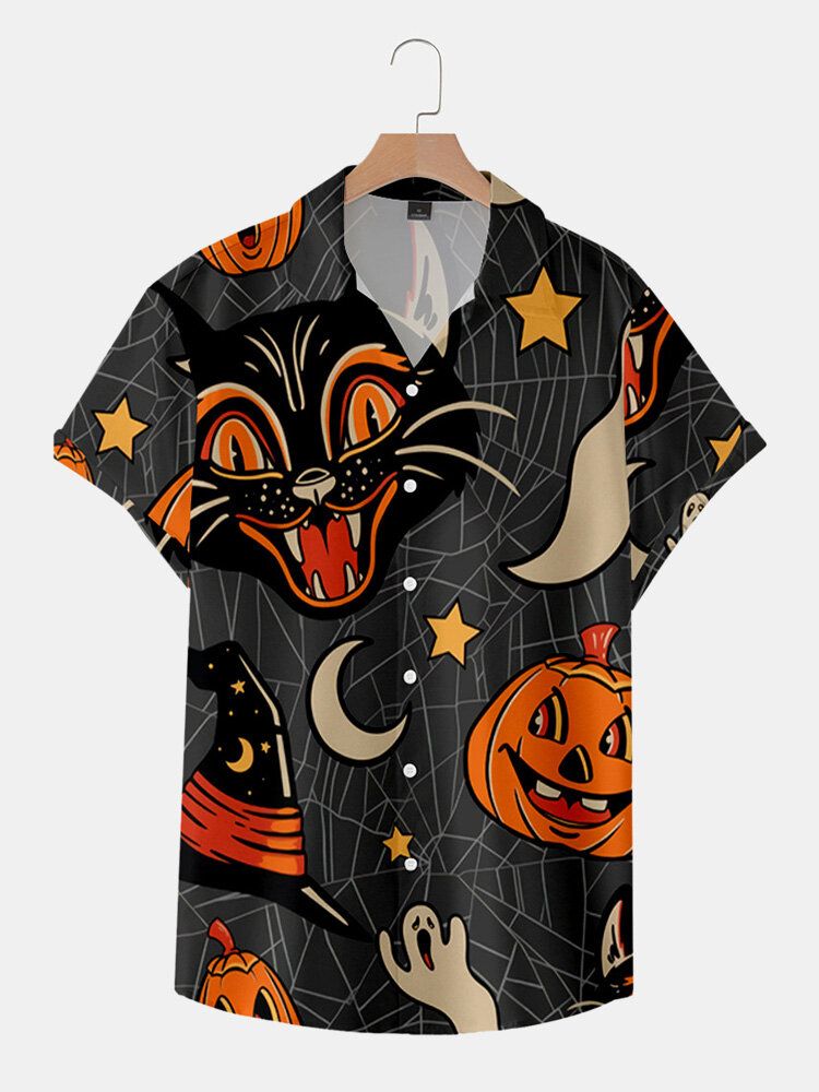 Chemise Décontractée À Manches Courtes Pour Homme Avec Citrouille D'halloween Et Chat