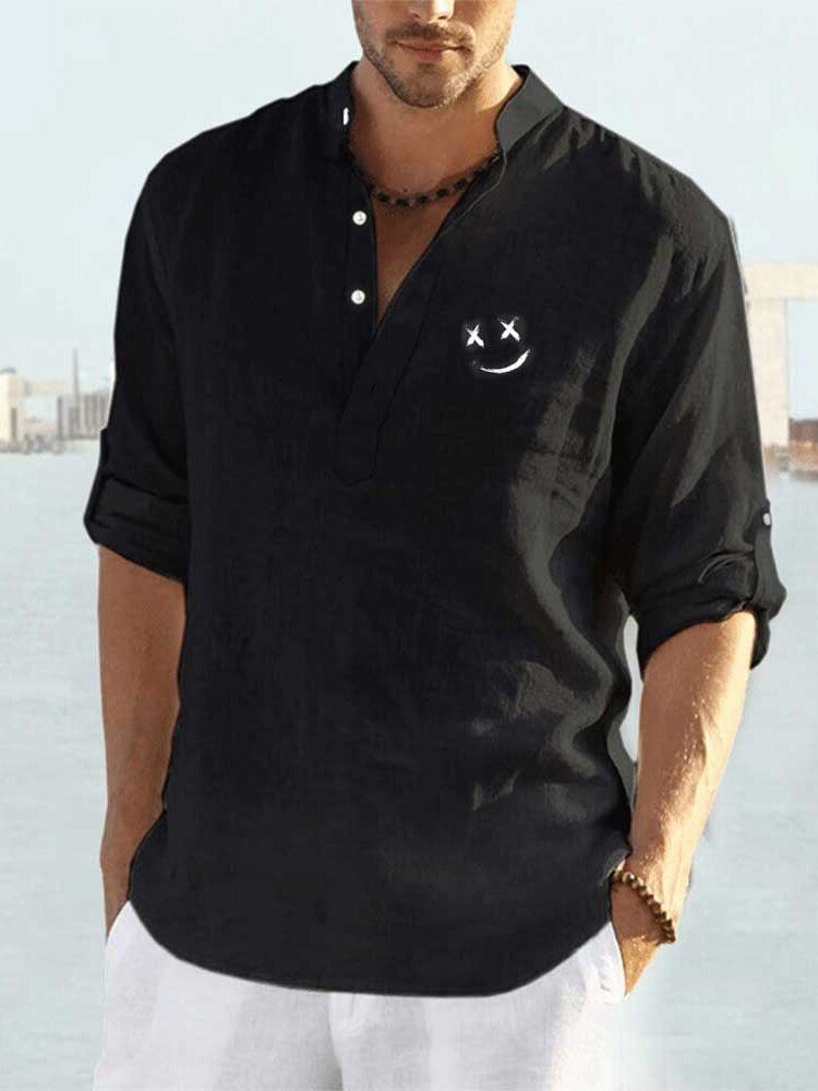 Chemise Henley Décontractée À Manches Longues En Coton Et Lin Pour Homme