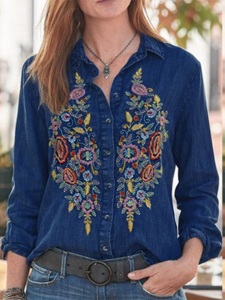 Chemise En Jean Ample À Revers Créatif Avec Broderie Quotidienne Pour Femme