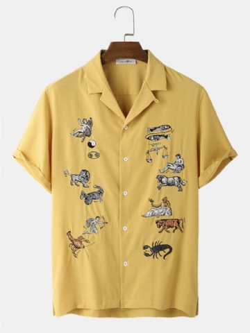 Chemise À Manches Courtes Avec Col À Revers Et Broderie Animale Pour Hommes